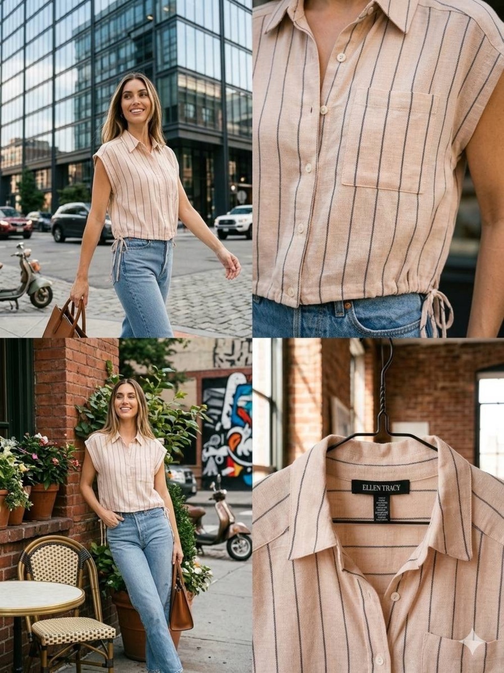 Ellen Tracy Beige and Navy Striped Sleeveless Button-Front Top